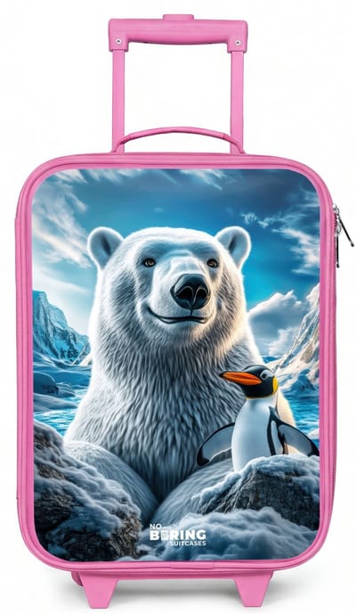 NoBoringSuitcases.com® - Kinderkoffer roze - Kindertrolley meisje - IJsbeer en pinguïn in besneeuwd berglandschap - Koffer kind lichtgewicht - Reiskoffer trolley voor kinderen - Koffertje met lichtgevende wieltjes - Rolkoffer