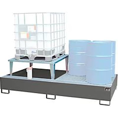 Opvangbak Bauer AWA 21, staal, grijs, L 2650 x B 1460 x H 863 mm, 1000 l, voor 2 x 1000 l IBC, 1 vulstuk, 1 rooster
