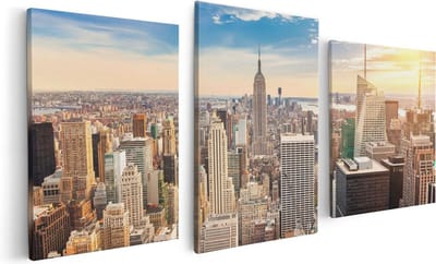Artaza Canvas Schilderij Drieluik New York Manhattan Tijdens Zonsondergang - 120x60 - Foto Op Canvas - Canvas Print