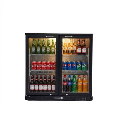 HCB® - Professionele Horeca Barkoelkast - Zuinige glasdeur koelkast met 2 klapdeuren - 218 liter - Koeling met glazen deur - Flessenkoelkast - Drankenkoelkast klein - Bier koelkast - 52x90x84 cm (DxBxH) - 70 kg - Frigo - 7939