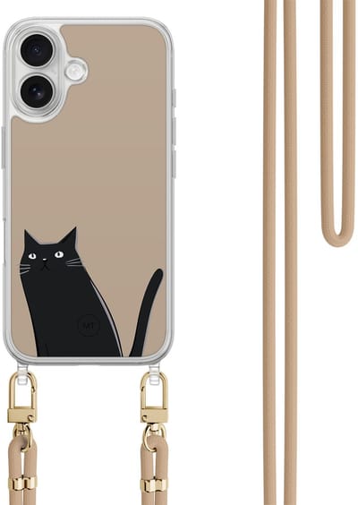 Hoesje met koord geschikt voor iPhone 16 - Purrflectly - Inclusief zwart koord - Crossbody beschermhoes - Transparant, Zwart, Beige - Mooie Telefoonhoesjes