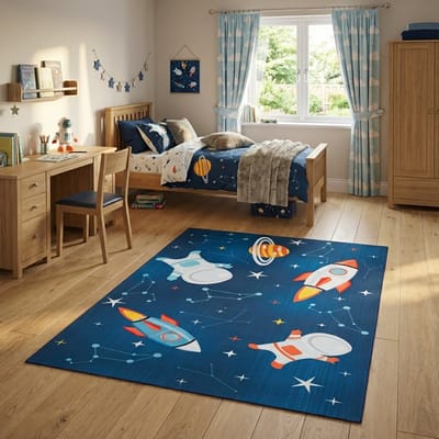 Tapiso Snooki Vloerkleed voor Kinderkamer Ruimtevaart Speelkleed met Raketten & Planeten Jongens Blauw Kindertapijt Antislip Zacht Kortpolig OEKO-TEX 160x220