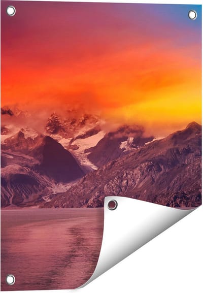 Gards Tuinposter Meer bij de Bergen bij Zonsondergang - 40x50 cm - Tuindoek - Tuindecoratie - Wanddecoratie buiten - Tuinschilderij