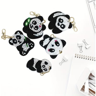 1 set, panda patroon diamant schilderen, sleutelhanger, boekenlegger, doe-het-zelf diamant stippen Pack of 5