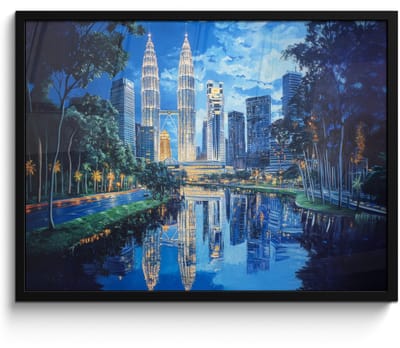 Poster in lijst - Fotolijst 70x50 cm - Posters - Stad Kuala Lumpur - Skyline - Wolkenkrabbers - Water - Posterlijst zwart - Decoratie - Wanddecoratie woonkamer - Muurdecoratie slaapkamer