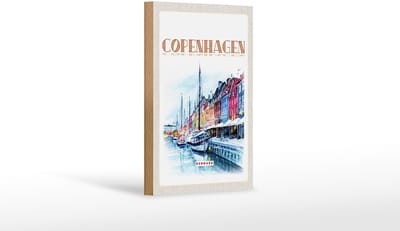 Holzschild Reise 12x18 cm Kunst Copenhagen Denmark Boot Dekoration