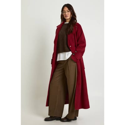 boohoo Dames Lange ceintuurmantel van wollen melange | Burgundy | Maat: 8