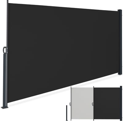 tectake® Uitschuifbaar Windscherm met Oprolmechanisme - 300 x 180 cm - Zijluifel met Aluminium Frame- Zonnescherm - Tuinscherm - Zwart Balkonscherm - Ondoorzichtbaar Privacyscherm - Markiesdoek