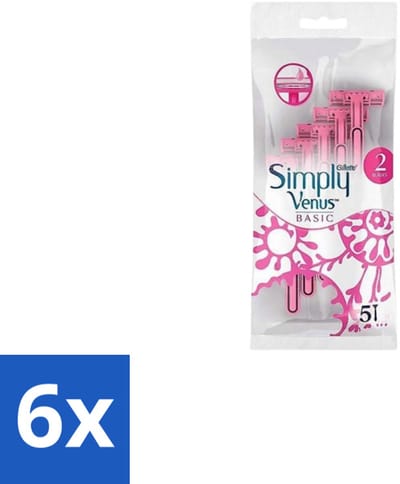 6 x Gillette Simply Venus – Wegwerpscheermesjes – Basic – 5 mesjes - Scheermesje Vrouw - Scheermesje Voor Vrouwen - Scheermesje Voor Benen - Scheermesje Voor Oksels - Scheermesje Dagelijks Gebruik