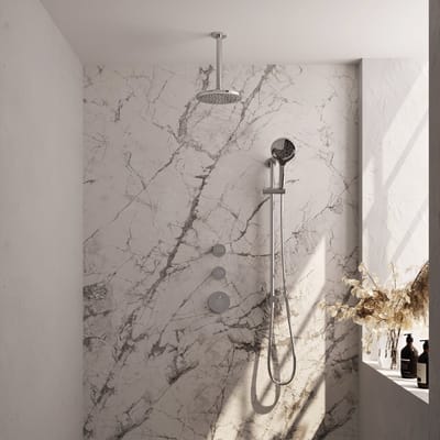 Brauer Chrome Carving thermostatische inbouw regendouche SET 23 met 20 cm douchekop en plafondarm en 3-standen handdouche en doucheslang en geïntegreerde glijstang chroom