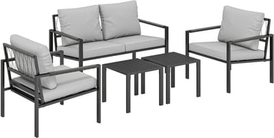 Balkonset 4 personen - Tuinset - Bistroset - Lichtgrijs + Grijs - Weerbestendig - 4 delig - 4 stoelen - 4 personen - Gecoat staal - Onderhoudsvrij staal