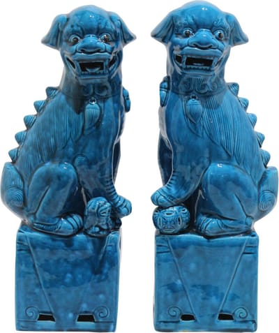 Fine Asianliving Chinese Foo Dogs Blauw Porselein Set/2 Handgemaakt D10xH34cm