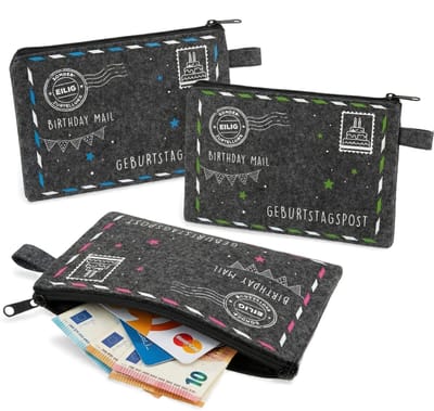 Dailygoods- Cadeautas Hoogwaardige Vilten Set - 3-delige Cadeautas - Geldgeschenkverpakking - Verjaardagspost - Charmante Verpakking - Donkergrijs met Kleuraccenten - Geschenkzakje