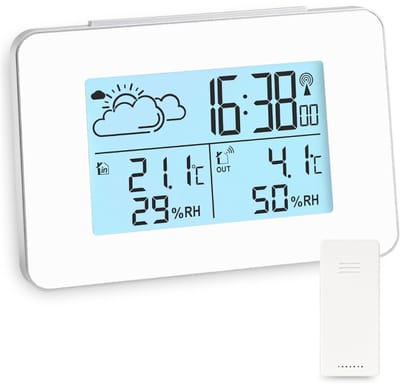 SNJY® Weerstation Binnen en Buiten - Weerstation Draadloos Binnen Buiten - Weerstation met Buitensensor - Met Luchtvochtigheidmeter - Wit