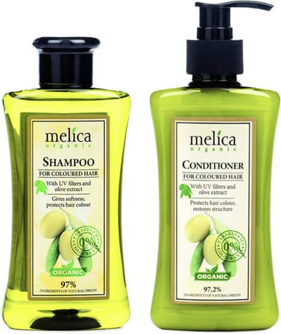 2 x MELICA ORGANIC BIO UV FILTER CARE DUO SET 97% Natuurlijke Kleurbeschermende SHAMPOO en 97,2% Natuurlijke CONDITIONER-BALSEM voor Gekleurd Haar en Elk Haarkleur met UV-FILTERS en OLIJVEN EXTRACTEN Zonder Parabenen, SLS voor MAN en VROUW 600ml