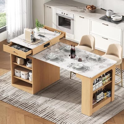 Keukeneiland met tafel - Uittrekbare eettafel - Eten en werken - Met stopcontacten - Tot 151 cm - Natuurlijk