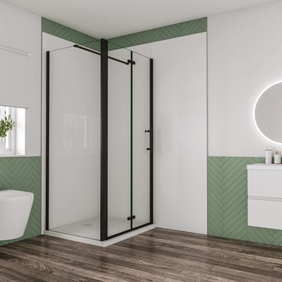 Aica Douchecabine 70x80x195cm met inklapbare vouwdeur en vaste zijwand 6mm helder EasyClean veiligheidsglasmat zwarte aluminium frame N-vorm 90cm Stabilisatiestang incl. douchebak