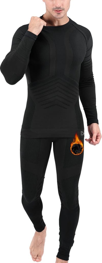 MEETHOO Thermo kleding - thermokleding heren Thermo kleding set voor mannen Thermoset Heren Comfort Thermoshirt Thermo Legging Skisport kleding lange onderbroeken skiën koud basislaag warme winter boven- en onderkant hardlopen-Zwart-L