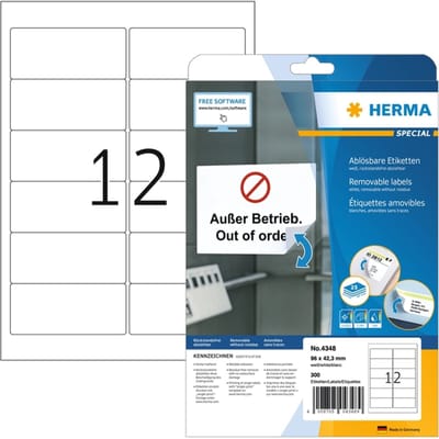 Herma etiketten nr. 4348, 96 x 42,3 mm, verwijderbaar, zelfklevend, goed hechtend, papier, wit, 300 stuks