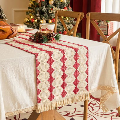 Dailygoods- Tafelloper Rode/Beige Geruit - Decoratie - Kerst - Eettafel - 30 x 180 cm - Zacht Materiaal met Kwastjes - Tafelkleed