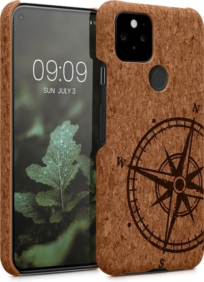 kwmobile hoesje geschikt voor Google Pixel 5 - Backcover van kurk in donkerbruin / lichtbruin - Vintage Kompas design