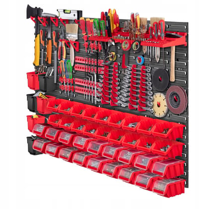 KADAX Werkplaatswandrek, 116 x 78 cm, opslagsysteem van robuust kunststof, uv-bestendig werkplaatsrek, uitbreidbare wandplaten, opbergrek voor garage, rood, 83 stuks