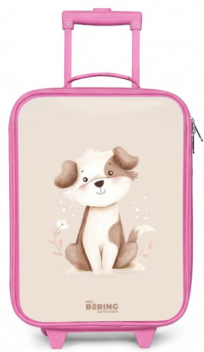NoBoringSuitcases.com® - Kinderkoffer roze - Kindertrolley meisje - Hond in de kleuren bruin en beige - Koffer kind lichtgewicht - Reiskoffer trolley voor kinderen - Koffertje met lichtgevende wieltjes - Rolkoffer