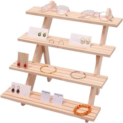Sieradenrek Hout - Juwelier Display - Sieraden Presenteren - Massief Houten Constructie - 4 Lagen 39.5cm - Naturel