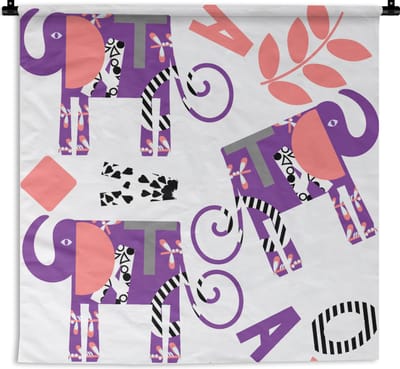 Wandkleed - Wanddoek - Olifanten - Bladeren - Paars - Patroon - 90x90 cm - Wandtapijt