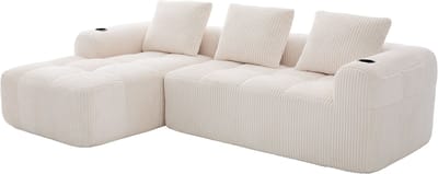 Compacte corduroy bank – zacht, modulair en praktisch voor dagelijks gebruik, met een zijvak en bekerhouder. Hoogwaardig comfort voor langdurig zitten, inclusief 3 kussens. Ideaal voor woonkamers, studeerkamers en meer. Beige