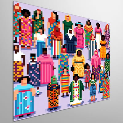 Pixel art dikke dames schilderij | Kleurrijke en levendige pixels tonen vrolijke en volle vrouwen | Kunst - 80x80 centimeter op Dibond | Foto op Dibond