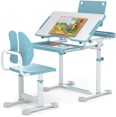 COSTWAY Bureau voor kinderen met stoel, kinderbureau in hoogte verstelbaar met kantelbaar tafelblad, jeugdbureau met lade en boekenstandaard voor beginners vanaf 3 jaar (blauw)