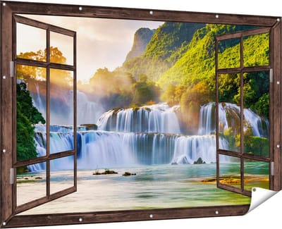 Gards Tuinposter Doorkijk Watervallen tussen de Bomen - 180x120 cm - Tuindoek - Tuindecoratie - Wanddecoratie buiten - Tuinschilderij
