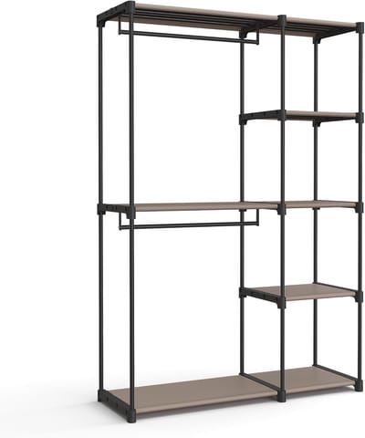 Famanu - Vrijstaande kledingkast met dubbele kledingstang en planken 124x43x182 cm taupe