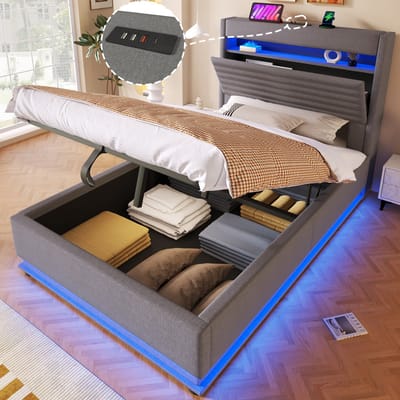 Gestoffeerd bed 90x200 cm - met USB Type-C oplaadfunctie - met LED-verlichting - opklapbare opbergruimte - zonder matras - grijs