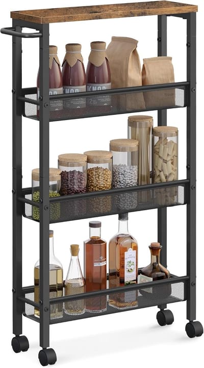 Trolley op Wielen – 4 Etages Opbergrek Smal - Verrijdbare Keukenkast/Opbergkar – Stalen Frame met Handgreep – Vintage Bruin/Zwart