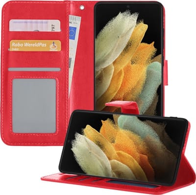 Hoesje - Met Pasjeshouder - Geschikt voor Samsung Galaxy S21 Ultra - Luxe Bookcase Portemonee - Flip Case - Kunstleer Book Case - Flipcase - Book Cover - Walletcase - Portemonneehoes - Telefoonhoesjes - Rood