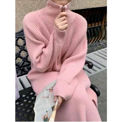 Robe Tricotée à Col Haut Zippé pour l'Automne et l'Hiver Longueur Moyenne à Longue avec Doublure Intérieure en Fourrure Épaisse one size fits all rose