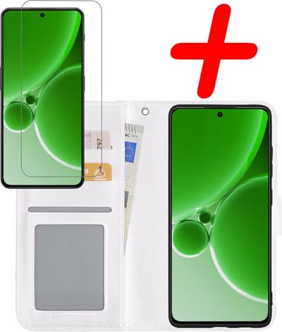 Hoesje Met Screenprotector - Geschikt voor OnePlus Nord 3 - Luxe Pasjeshouder - Bookcase Portemonee - Flip Case - Kunstleer Book Case - Flipcase - Book Cover - Walletcase - Portemonneehoes - Wit