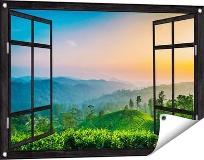 Gards Tuinposter Doorkijk Zonsondergang op een Thee Plantage - 90x60 cm - Tuindoek - Tuindecoratie - Wanddecoratie buiten - Tuinschilderij
