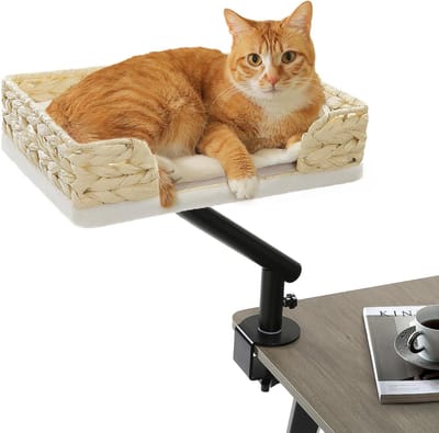 Road Kattenbed voor Bureau, Kattenmand, Bureau-Kattenbed van Gevlochten Mandwerk, 360° Draaibare Kattenbedstandaard, Kattenhangmat voor Krabben, Kattenbed, ondersteunt tot 22,5 kg, beige