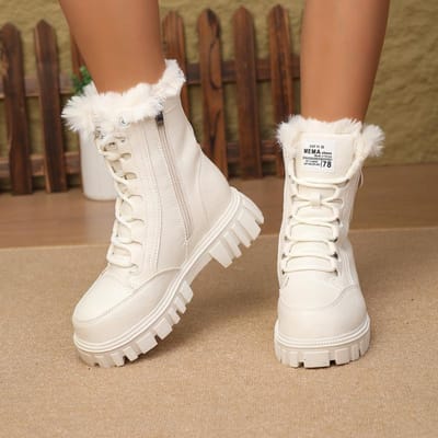 Bottes d'hiver chaudes doublées polaire pour femmes 2025 Nouvelles Bottes polyvalentes à semelle compensée pour femmes Bottines fines 36 blanc