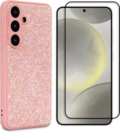 Casemania Hoesje & Volledig Dekkend Glas Geschikt voor Samsung Galaxy S25 - Roze - Diamant Glitter Back Cover & Glazen Screenprotector