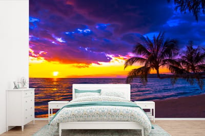Behang - Fotobehang Palmboom - Paars - Zonsondergang - Strand - Zee - Breedte 600 cm x hoogte 400 cm