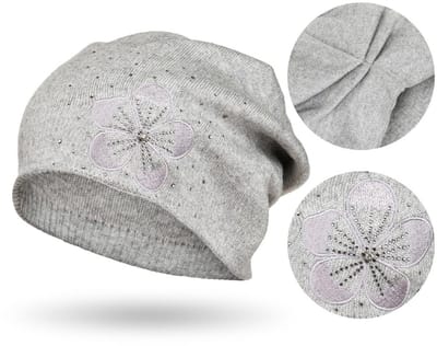 Peterson - Dames Slouchy Beanie - Grijs - Bloemenborduurwerk - Kristallen
