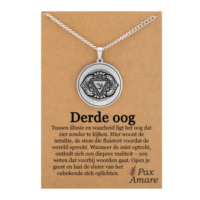 Derde Oog Chakra (Ajna) Ketting op Cadeau Kaartje - Zilverkleurig Talisman - Roestvrij Staal - Spiritueel Cadeau - 60cm - Pax Amare