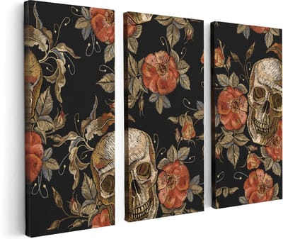Artaza Canvas Schilderij Drieluik Doodshoofden met Bloemen - Schedels - 120x80 - Foto Op Canvas - Canvas Print