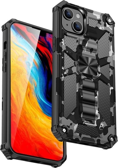 Geschikt voor iPhone 13 Pro Max hoesje rugged extreme backcover met ring houder Camouflage Marmer - Zwart