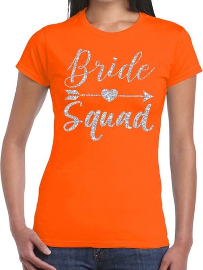 Bride Squad Cupido zilver glitter tekst t-shirt oranje dames - dames shirt Bride Squad- Vrijgezellenfeest kleding XS