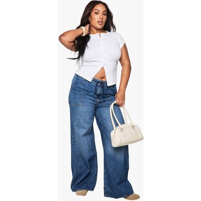 boohoo Dames Plus Jeans met Elastische Tailleband en Wijde Pijpen | Mid Blue | Maat: 16